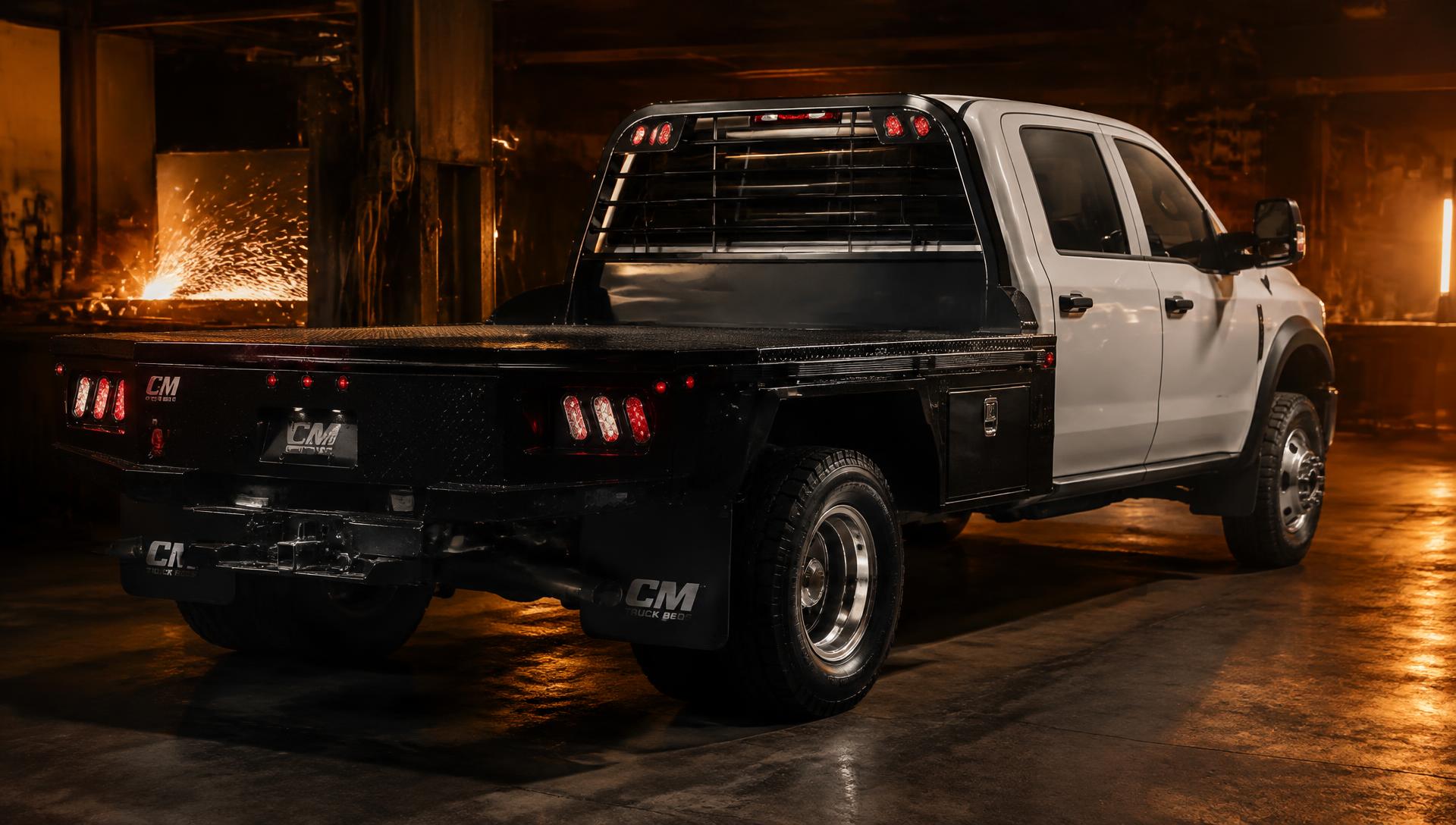 Pickup truck with a black CinStar steel flatbed in the fabrication shop